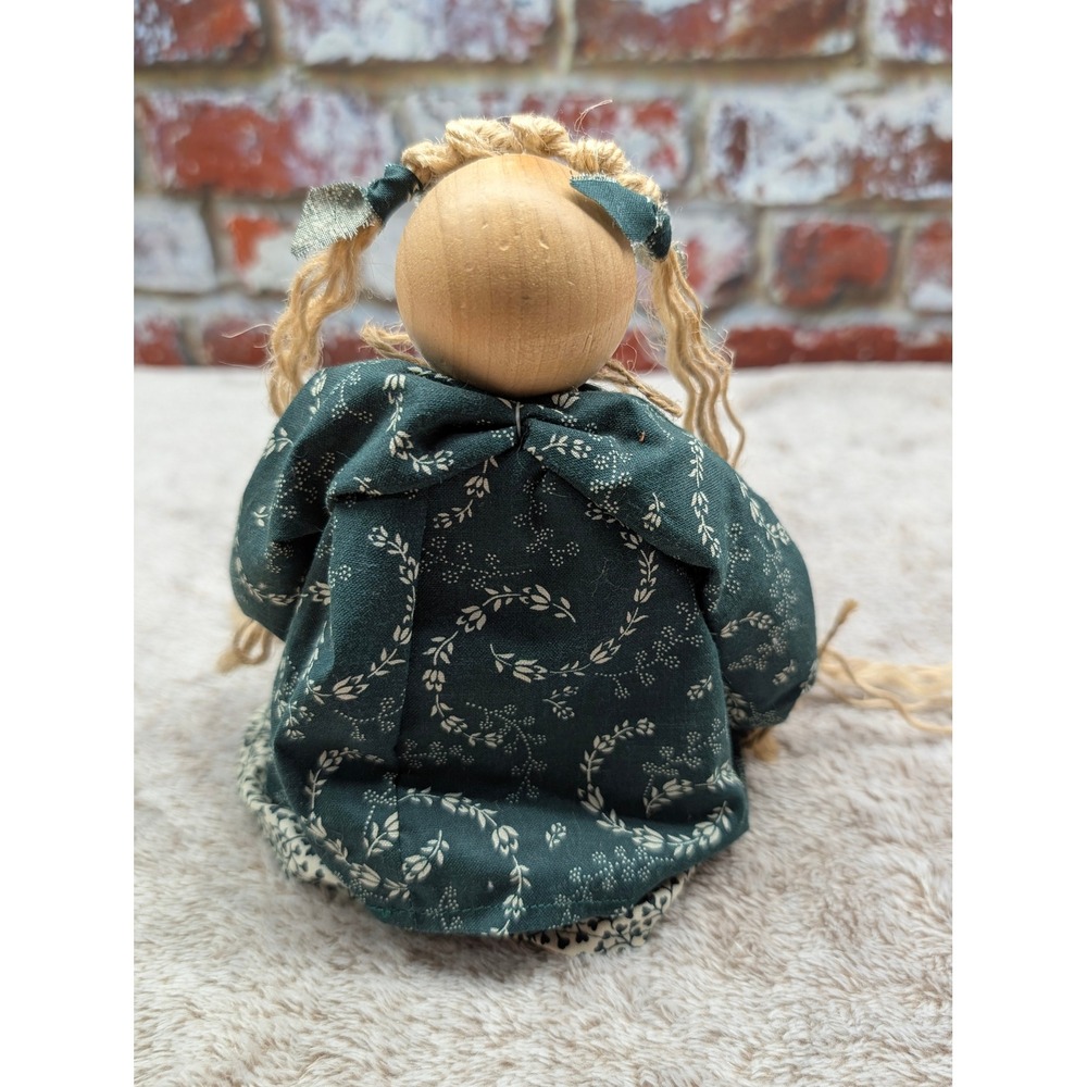 Handmade Primitive Bead Head Doll 80s Wood Block Body Shelf Sitter Green Dress - Picture 6 of 10